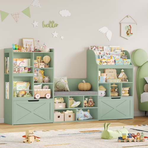 Homfa Kids Bookcase with Reading Nook, 75" W Kids Toy Storage Organizer with 2 Drawers, Kid Bench for Playroom Kids Room Living Room, Green