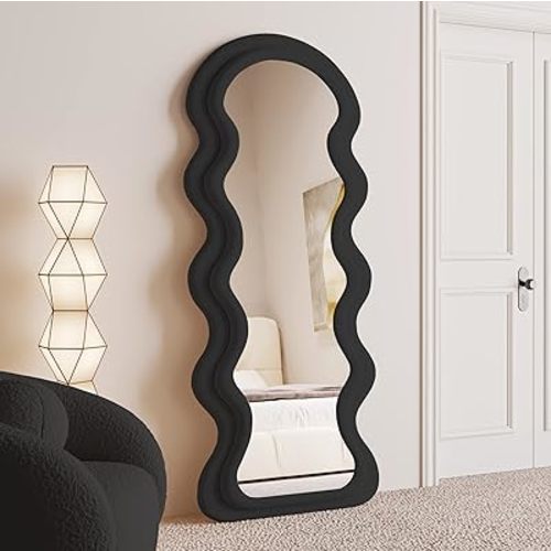 BOJOY Full Length Mirror 63"x24", Irregular Wavy Mirror, Wave Arched Floor Mirror, Wall Mirror Standing Hanging or Leaning Against Wall for Bedroom, Flannel Wrapped Wooden Frame Mirror-Black