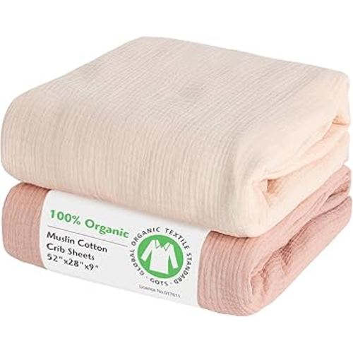 100% Organic Cotton Muslin Baby Fitted Crib Sheets 2 Pack 52x28 Inches Cream&Muted Pink, Ultra Breathable and Soft Sheet Fits Standard Crib Mattress Sheet Neutral Toddler Bedding for Baby Boys Girls