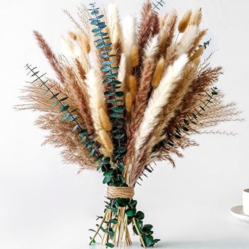 Pampas Grass Decor, Dried Flower Bouquet with Bunny Tail Grass, Pampas Grass & Eucalyptus, Boho Centerpieces for Tables & Floors - Dried Floral Arrangement, Fall Grass & Stylish Olive Green Wall Décor