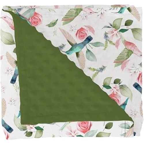 Hummingbird Greenery Floral Baby Blankets for Girl Boy Spring Birds Boho Leaves Soft Mink Dotted Backing Double Layer Swaddle Receiving Blanket Forest Animals Bed Throw for Newborn Toddler Crib 30x40