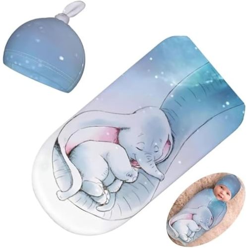 Qiankang Cute Elephants Newborn Swaddling Blanket Beanie Hat Sets Soft Baby Receiving Funny Animal Blanket Soft Sleeping Bag New Born Soft Sleep Sacks for Boys Girls