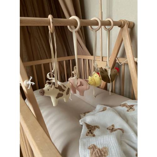 Set with 4 gym toys for wooden mobile, Handmade Natural Wood Play Gym for Babies, gift for newborn, linen animals