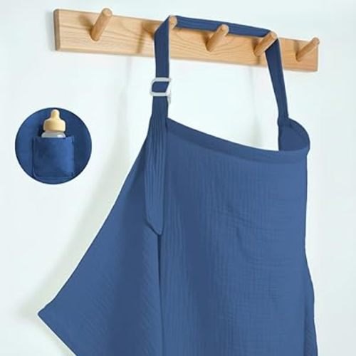 Muslin Nursing Covers for Breastfeeding, Arch Neckline Breast Feeding Covers for Women, Moms Privacy Breathable Summer Nursing Apron, Enlarged XL Size Soft Feeding Cover (Misty Blue)
