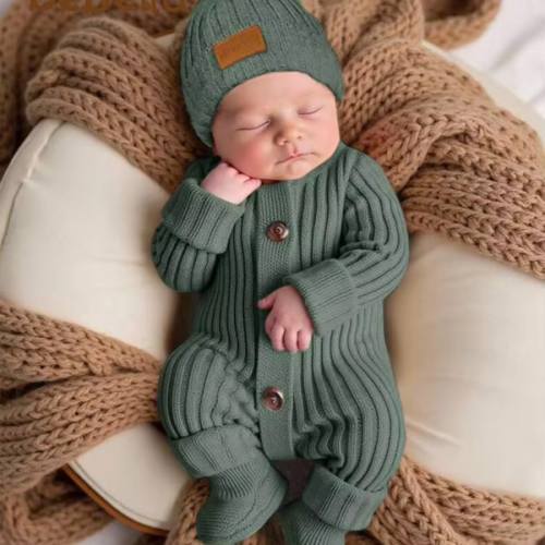 SHEIN Sage Green Autumn Modest Newborn Baby Girl Boy Knitted Jumpsuit,Footie & Hat Set,Versatile Newborn Knit Outfit Photoshoot Sweater Romper Infant Gown | SHEIN USA