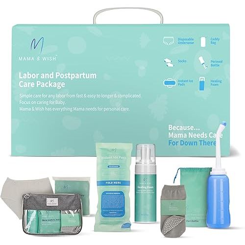 Mama & Wish® Postpartum Essentials Kit – Labor and Delivery Essentials for Moms After Birth – Postpartum Recovery Kit Includes Peri Bottle, Witch Hazel, Comfy Garments & More