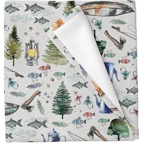 Watercolor Lake Camping Fishing Baby Blankets for Boys Girls Vintage Camp Trees Boats Fishes Infant Blankets Wild Outdoor Adventure Newborn Receiving Blankets Swaddling Wrap for Crib Stroller 30x40in