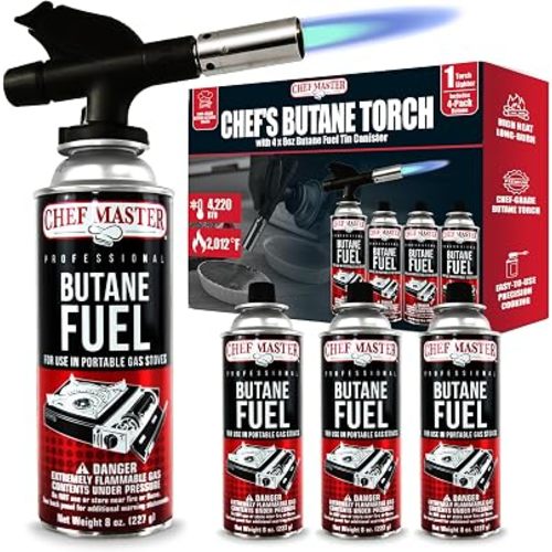 Chef Master Butane Torch Lighter + 4x 8 oz Fuel Canisters, Creme Brulee