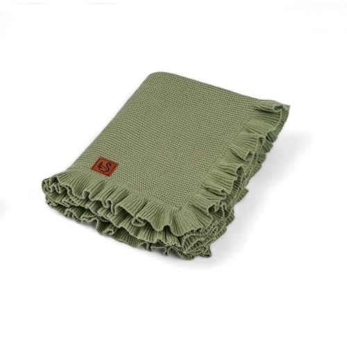Ruffle Knit Blanket for Baby - 100% Luxury Soft Cotton Knit Warm Cozy Cuddle Stroller Crib Blanket for Newborns, Infants, & Toddlers (Sage Green)
