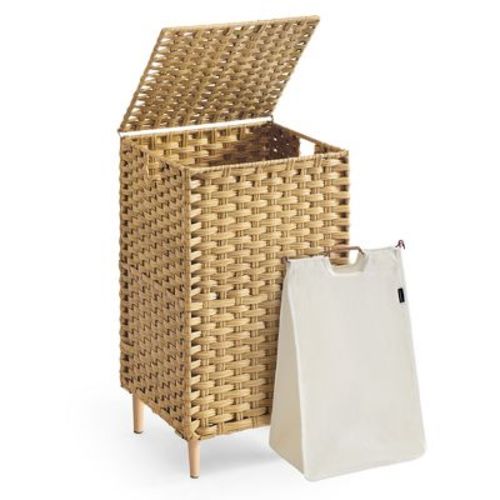 SONGMICS Laundry Hamper with Lid, PE Rattan,with Removable Liner, Storage Basket for Bedroom Living Room, 25 Gallons (95 L), Goose Yellow