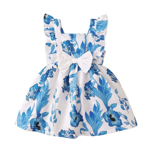 12 Months Infant Baby Girl Clothes 18 Months Toddler Girls Summer Dress Sleeveless Dress Cute Bowknot Floral Dress Blue