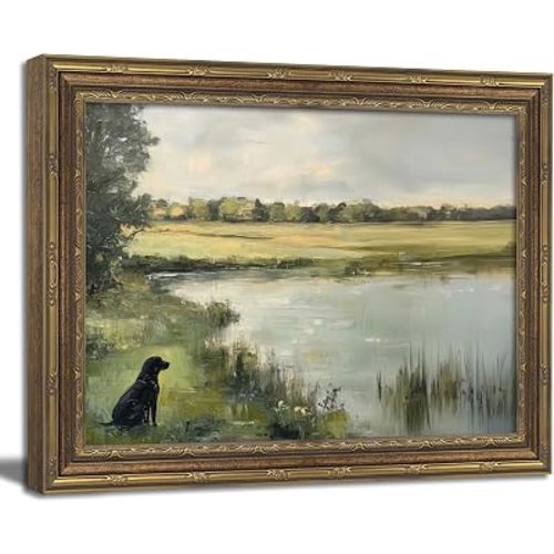 Vintage Gold Framed Wall Art Vintage Hunting Black Dog Wall Art Rustic Black Labrador Pond Landscape Wall Decor Picture Country Nature Farmhouse Animal Poster Print for Living Room Bedroom 9x11in