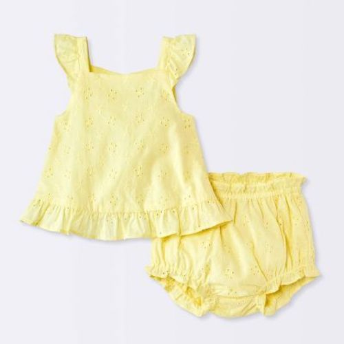 Baby Girls' 2pc Floral Eyelet Ruffle Tank Top and Bloomer Set - Cloud Island™ Yellow 12M