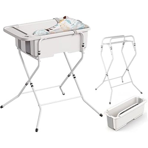 Collapsible Baby Bathtub with Stand - Large Baby Bath Tub with Thermometer & Cushion | Portable Travel Newborn Infant Bathtub | Foldable Toddler Bathtub for Baby 0 to 36 Months (White)