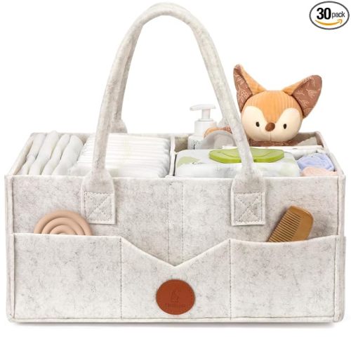 Maliton Diaper Caddy Organizer, Car Organizer with Handle, Felt Diaper Caddy for Baby Nursery Storage, Changing Table Organizer for Baby Stuff, 16" x 10" x 7" Baby Shower Gifts for Newborn (White)