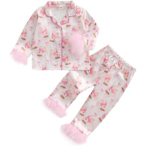Afunbaby Toddler Baby Girl Boy Silk Satin Pajamas Set Button Down Pjs Kids Long Sleeve Shirt Pants Christmas Pjs Sleepwear