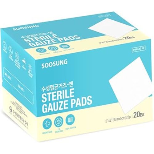 Sterile Gauze Pads 2x2 Inch (100 Count), 8-Ply Cotton, Individually Wrapped (20 Packs of 5), Highly Absorbent, Latex-Free for Small Cuts, Injection Sites & First Aid – SOOSUNG