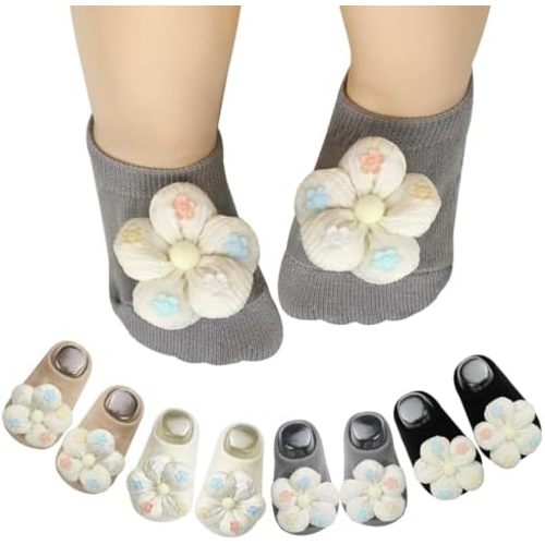 4 Pairs Baby Girl Socks, Flower Non-Slip Low Ankle Socks with Grips for Newborn Toddler Infants