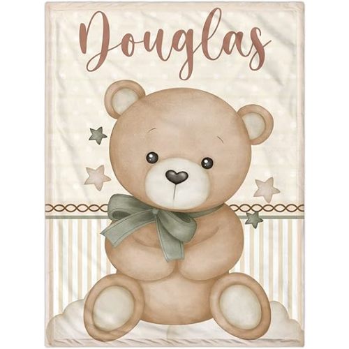 Personalized Baby Blanket for Boys, Custom Baby Blanket with Name Super Soft Personalized Name Blankets for Kids, Custom Bear Blankets for Infant Toddler, Babys Gifts for Birthday
