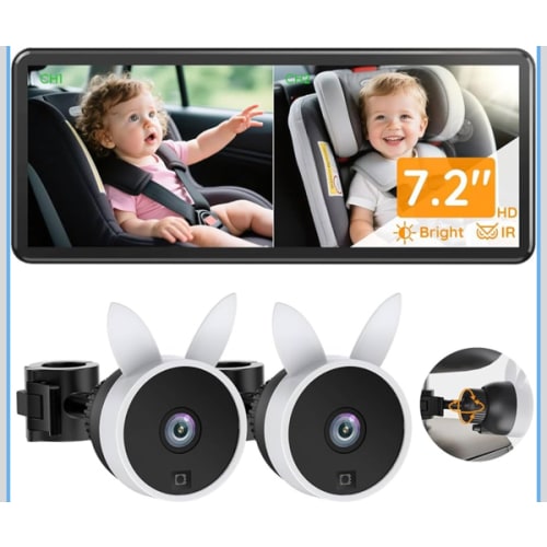 Babyvue BV3PRO 7.2" Dual Car Camera Baby Monitor, 1080P HD Split Screen, IR Night Vision, Double Car Camera for 2 Baby, Easy Setup for Carseat, Perfect for Family Travel, Pet Friendly