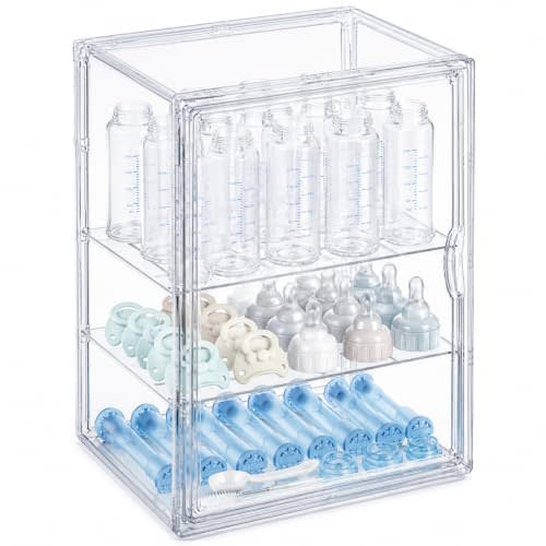Acrylic Baby Bottle Organizer 3 Tiers Bottle Storage Organizer Container | Baby Bottle Storage Organizer for Countertop Cabinet with Magnetic Dustproof Door & 2 Adjustable Dividers