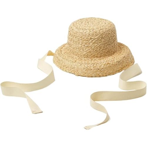 Girls Straw Hat - Sun Protective Flat Top with Lace-up Strap, Breathable Wide Brim, Beige, Size 4-9 Years, Unisex, All Seasons, Casual, High Sun Protection