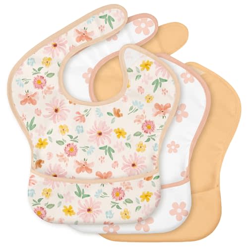 3 Pack Waterproof Baby Bibs for Eating, Mess Proof Feeding Bib | Lightweight & Wipeable Toddler Food Bibs, Large Catch-All Pocket, Food-Grade Baby Eating Essentials Gifts, Country Floral