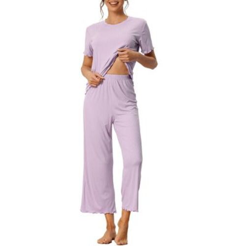 cheibear Women's Ribbed Knit Short Sleeve Capri Pants Round Neck Ruffle Soft 2026 Spring Summer Pajama Set Small Purple