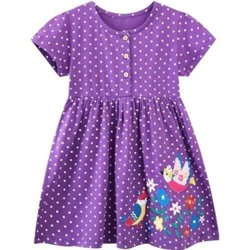 Funnymore Toddler Girls Cotton Summer Embroidery Applique Short Sleeve Dresses 2-7 Years