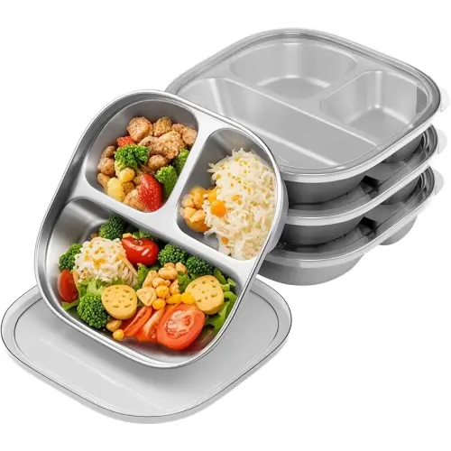 Stainless Steel Kids Plates,Set of 4 Toddler Plates with Lids - 3 Compartments Stainless Steel Snack Containers for Kids Non Toxic & 100% BPA Free