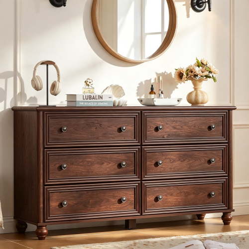 Leyaoyao 54" Dresser for Bedroom, 6 Drawers Dresser with Gourd Legs, Modern Wooden Chest of Drawers for Living Room, Hallway, Walnut