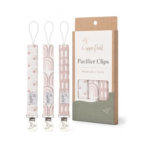 Copper Pearl Pacifier Clip 3-Pack: Premium Knit Binky Holders for Baby Girls and Boys - Stylish Stainless Steel Pacifier Accessory - Prevents Floor Drops - Bliss