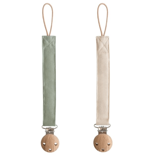 mushie Linen Baby Pacifier Clip Holder | Soft Fabric Strap, 2-Pack (Olive/Shifting Sand)