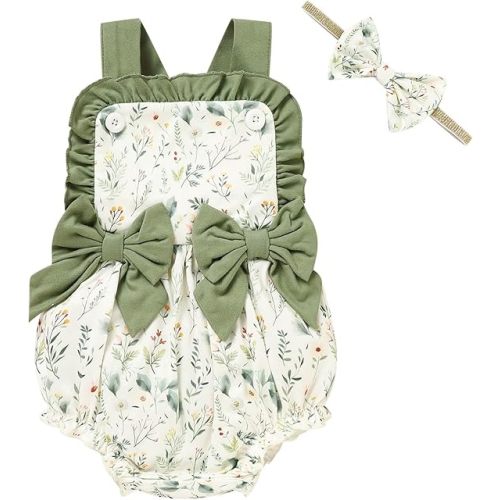 GRNSHTS Baby Girl Romper Ruffles Summer Bodysuit Sleeveless Strap Outfits Floral and Fruit Print Clothes