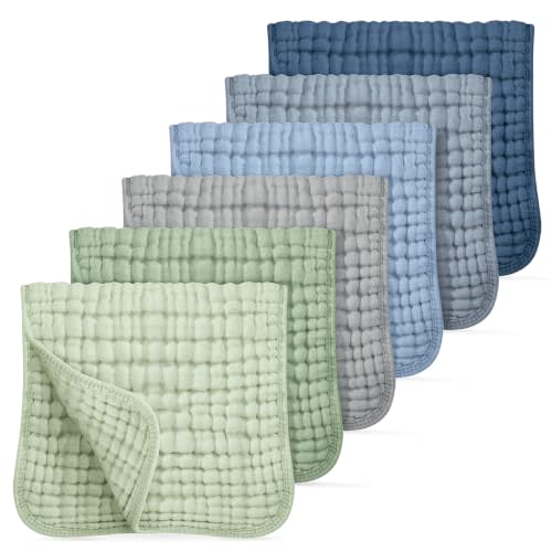Looxii Muslin Baby Burp Cloths, Absorbent Brup Rags 6 Pack Set for Baby | 100% Cotton, Ultra Soft & Breathable, Easy to Wash & Dry, 6-Layer, Newborn Essentials, Gift for Boys & Girl, Blue Green