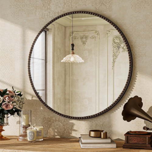 BEAUTYPEAK 24" Round Bathroom Mirror Vanity Mirror Wall Mounted With Beaded Frame,Antique Bronze