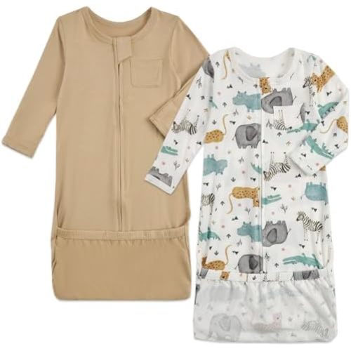 Aablexema Baby Nightgowns Rayon of Bamboo, 2Pcs Newborn Sleeper Gown with 2-way Zipper, Flip Mittens & Foot Cover