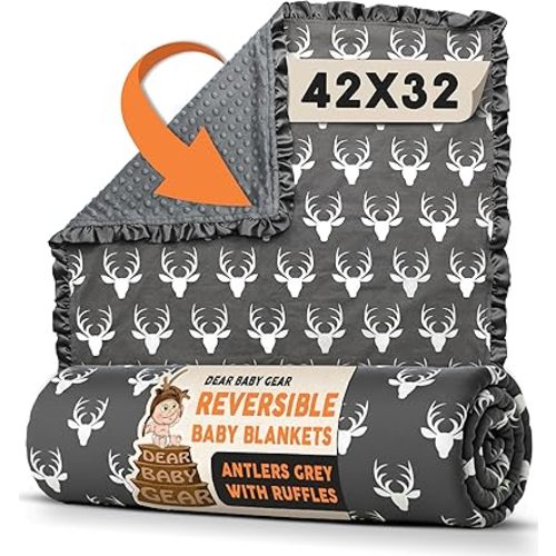 Dear Baby Gear - Reversible Baby Blankets - Soft Nursery Blanket for Newborn - Toddler Blankey - Throw Blanket for Boys & Girls - Infant Blankets - 42x32 (Antlers Grey with Ruffles)