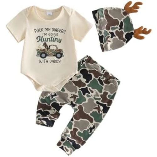 Baby Boy Hunting Clothes Daddys Romper Long Sleeve Crew Neck Letter Truck Print Bodysuit Camo Pants with Hat Set