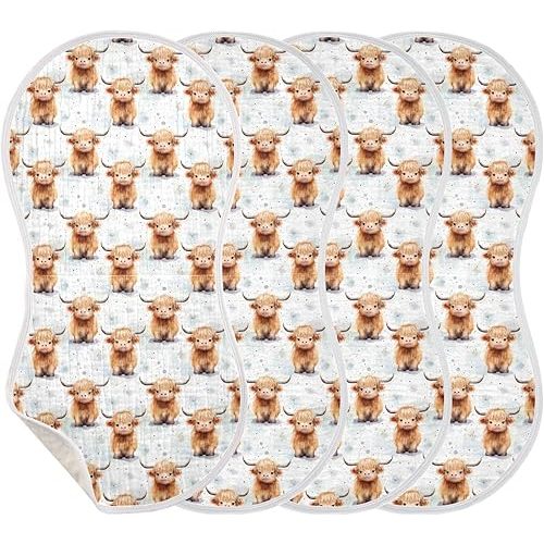 4Pcs Cute Highland Cow Pattern Burp Cloth,Unisex Large Absorbent Soft Cotton Muslin Burping Cloths for Newborn Boys Girls,11x22in,A113324