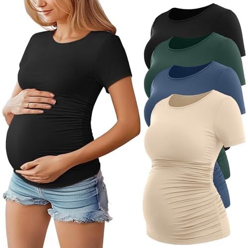Huukeay 4 Pack Women's Maternity Shirts, Crew Neck Maternity Top Short Sleeve Casual Cotton Tee Side Ruched Pregnancy Clothes
