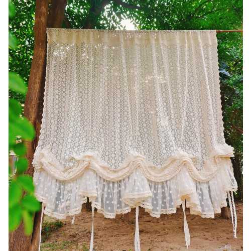Victorian French Country Style Shabby Chic Window Curtain Vintage Style Balloon Shade Tie Up Tulle Lace Curtain Panel Drape~ Beige/Off White