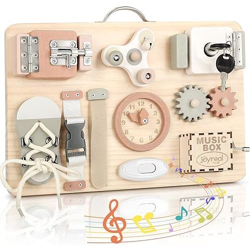 Joyreal Wooden Busy Board for Toddlers, Montessori Toys for 1 2 3 Year Old, Sensory Activity Board with Music Box & 12 Motor Skill Activities, Educational Travel Toys Gift for Boys Girls
