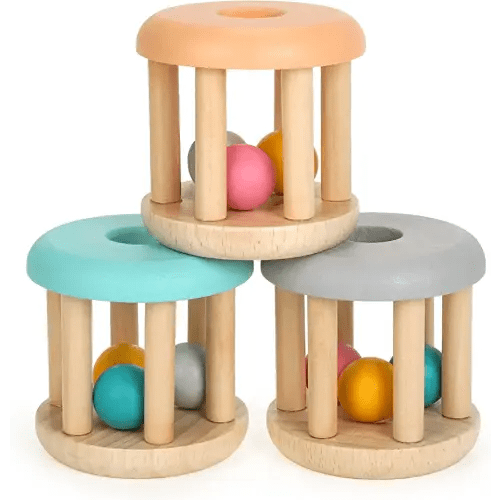 DUCKBOXX XX® Montessori Infant Educational Toys, Natural Wood Rolling Rattle Toy, Early Learning Toy for Developing Fine Motor Skills and Color Recognition, for Ages 0m–2yrs (Burlywood Base - 3pcs)