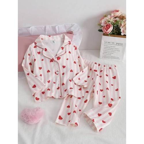 Infant Girl Heart & Stripe Print Long Sleeve Top And Pants Set, Autumn/Winter Toddler Pajamas, Lapel Button Style, 2-Piece Set, Comfortable Soft Cute Gift | SHEIN USA