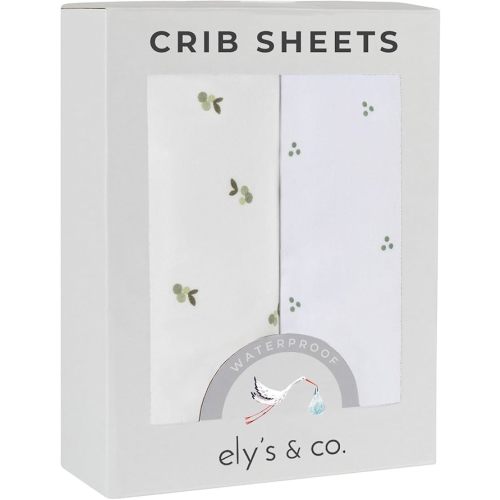Ely's & Co. Patent Pending Waterproof Crib Sheets, 100% Cotton with Waterproof Lining - Built in Crib Mattress Protector, 2 Pack Fitted Toddler Sheet Set, Berry and Cluster Dot (Sage) 28” x 52”