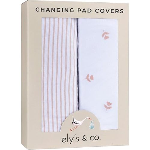 Ely’s & Co. Changing Pad Cover, Diaper Changing Table Sheets, 2 Pack, Cradle Sheet Set for Baby Girls, 100% Jersey Knit Cotton, Pink Tulip Collection, 32”x16”x5”