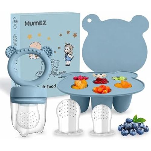 Baby Fruit Feeder Pacifier - Convenient Baby Food Feeder Set, Easy Self-Feeding Journey with Baby Food Dummy Feeder, Baby Food Freezer Trays Included(Blue)