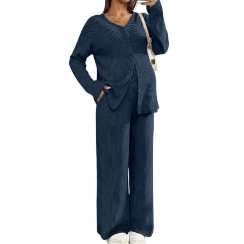 BLENCOT Maternity Lounge Set 2 Piece Long Sleeve Top and Pants with Pockets | Winter Fall Postpartum Outfits for Women V Neck Button Cardigan Maternity Sets Nursing Pajamas Pregnancy Clothes