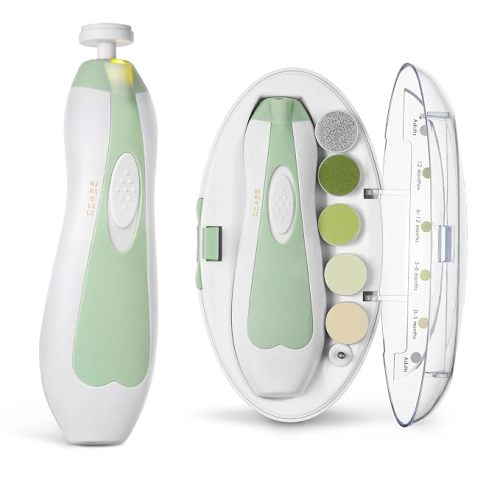 haakaa Baby Nail File Electric Baby Nail Care Set with LED Light, Baby Nail Clippers for Newborn/Infants/Adults Toenails and Fingernails, 6 Replacement Heads & Storage Case, Green